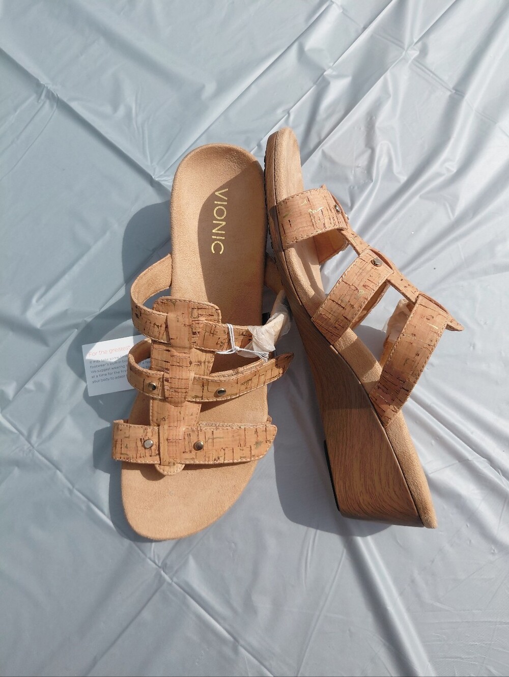 NWT Sz 9 Vionic Orthaheel Park Radia Adjustable Straps Wedge Slides Gold Cork - Picture 6 of 13